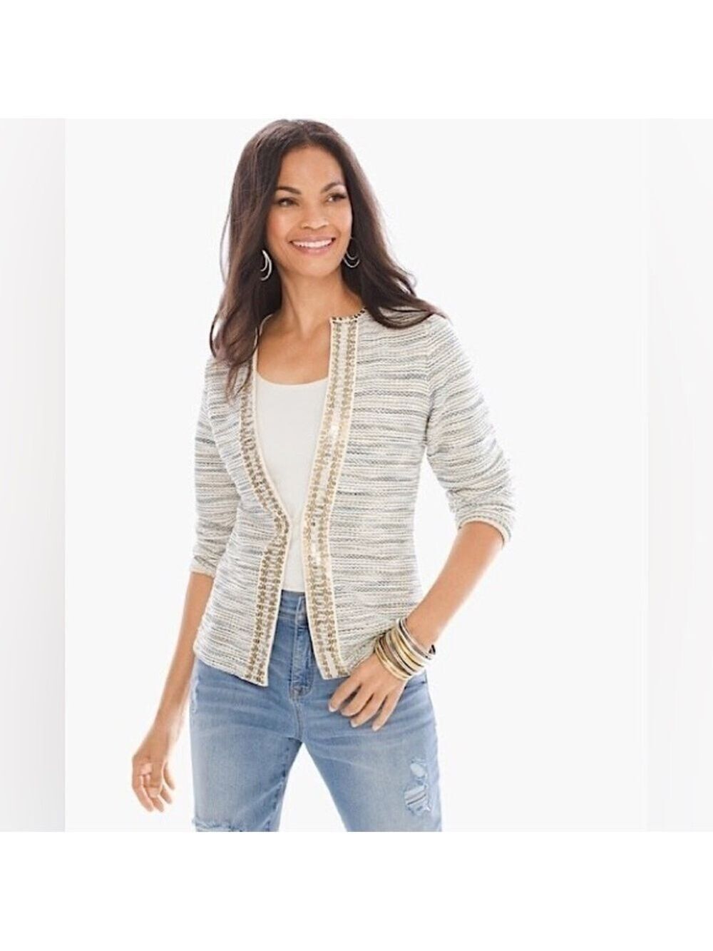 Chico’s Sequin Trim Embellished Cardi Sweater Size 3 (16) New